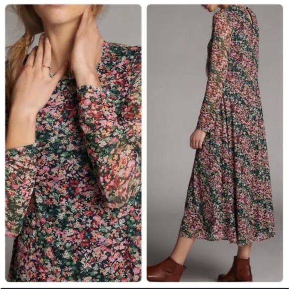Anthropologie Eva Franco floral maxi dress long sleeve mesh boho multi color L - Picture 3 of 12